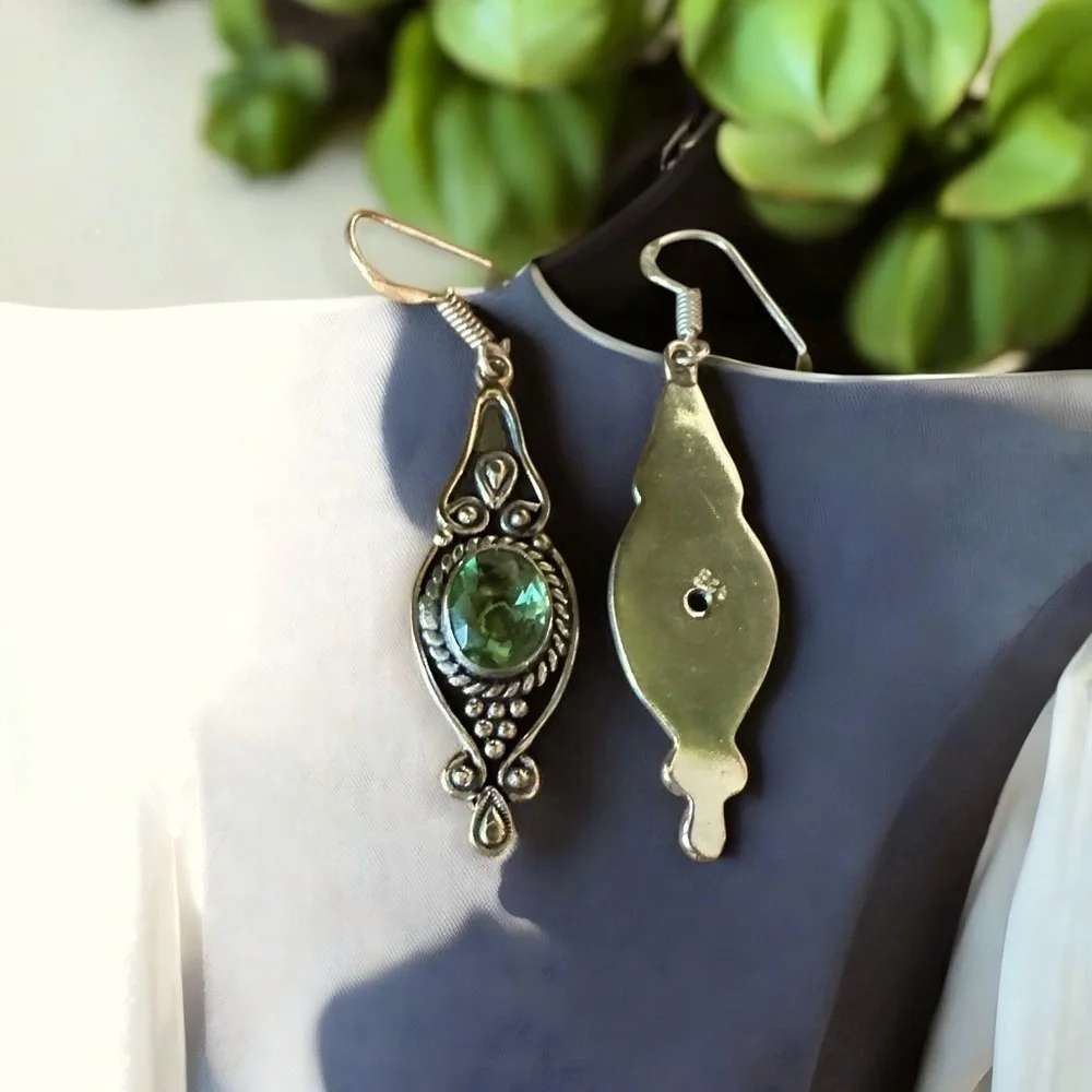 Green Amethyst and 925 Sterling Silver Dangle Drop Earrings